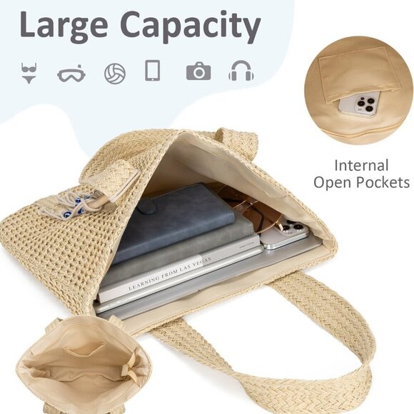 Summer Large Straw Bags For Women Travel Beach Totes Bag Woven Tote Handmade Sho - Picture 3 of 6